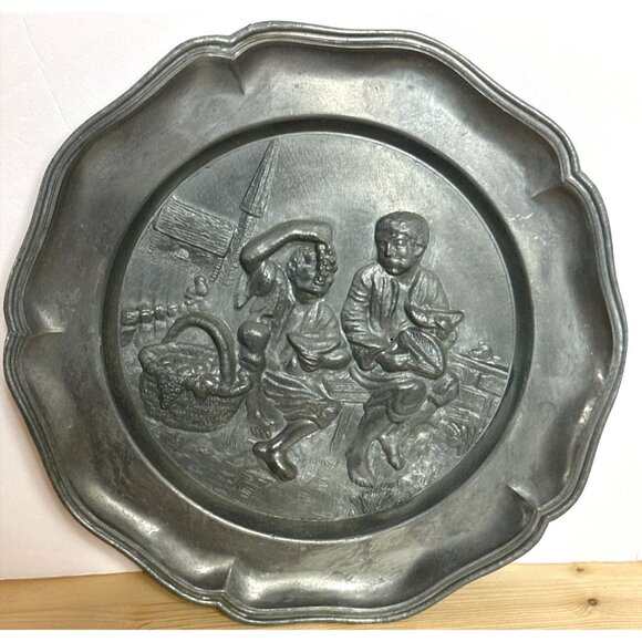 Vintage Italian Farmhouse Raised Relief Pewter Plate Norleans Men Grapes Rustic - Picture 1 of 8